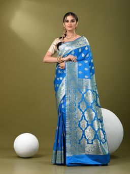 CHARUKRITI - Women Blue Silk Paisley Saree with Unstitched Blouse
