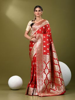 CHARUKRITI - Women Red Silk Paisley Saree with Unstitched Blouse