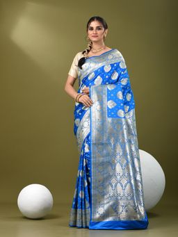 CHARUKRITI - Women Blue Silk Floral Saree with Unstitched Blouse