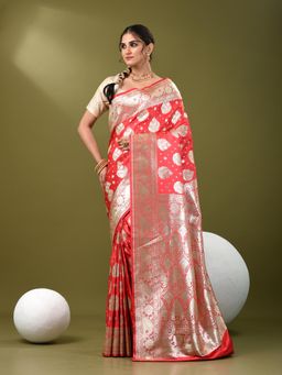 CHARUKRITI - Women Orange Silk Floral Saree with Unstitched Blouse