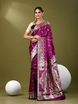 CHARUKRITI - Women Purple Silk Floral Saree with Unstitched Blouse
