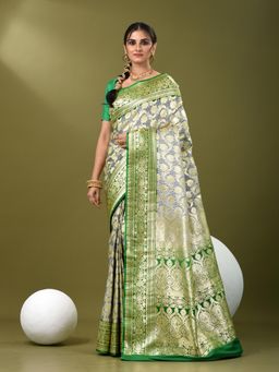CHARUKRITI - Women Grey Silk Floral Saree with Unstitched Blouse