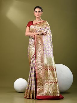 CHARUKRITI - Women Purple Silk Floral Saree with Unstitched Blouse