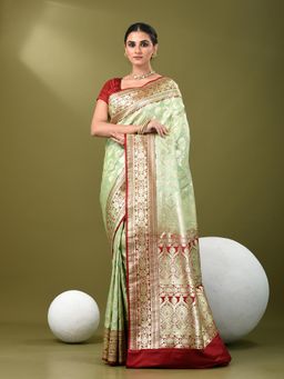 CHARUKRITI - Women Green Silk Floral Saree with Unstitched Blouse