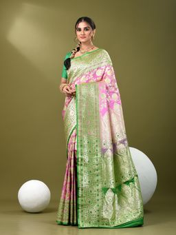 CHARUKRITI - Women Pink Silk Floral Saree with Unstitched Blouse