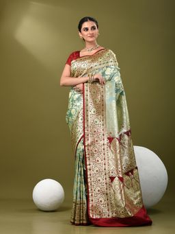 CHARUKRITI - Women Green Silk Floral Saree with Unstitched Blouse