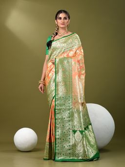 CHARUKRITI - Women Peach Silk Floral Saree with Unstitched Blouse