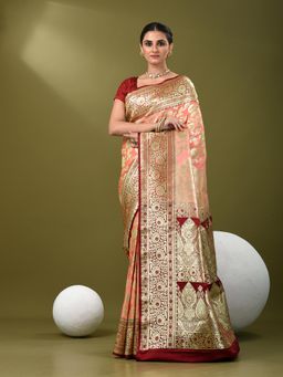 CHARUKRITI - Women Pink Silk Floral Saree with Unstitched Blouse
