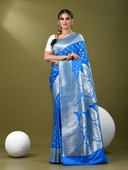 CHARUKRITI - Women Blue Silk Floral Saree with Unstitched Blouse