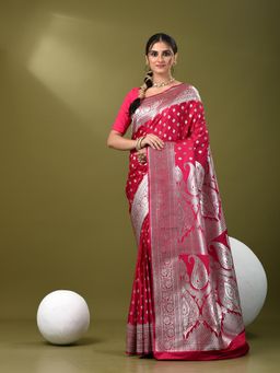 CHARUKRITI - Women Pink Silk Floral Saree with Unstitched Blouse