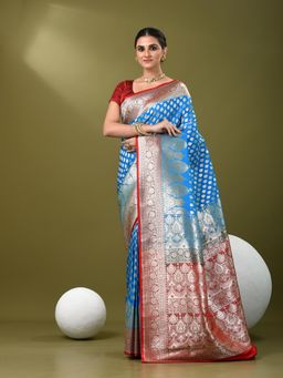 CHARUKRITI - Women Blue Silk Floral Saree with Unstitched Blouse