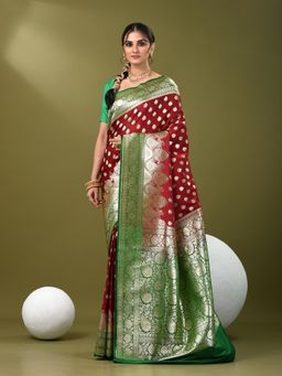 CHARUKRITI - Women Maroon Silk Floral Saree with Unstitched Blouse