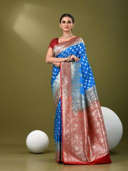 CHARUKRITI - Women Blue Silk Floral Saree with Unstitched Blouse