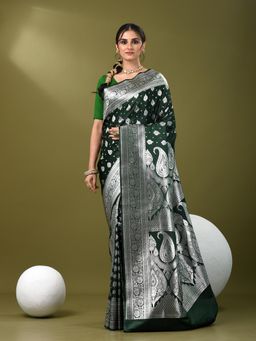 CHARUKRITI - Women Green Silk Floral Saree with Unstitched Blouse
