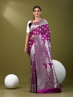 CHARUKRITI - Women Purple Silk Floral Saree with Unstitched Blouse