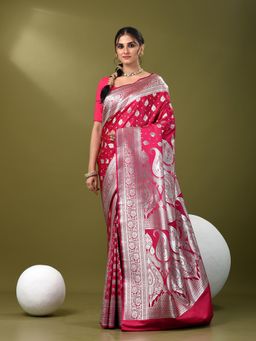 CHARUKRITI - Women Pink Silk Floral Saree with Unstitched Blouse