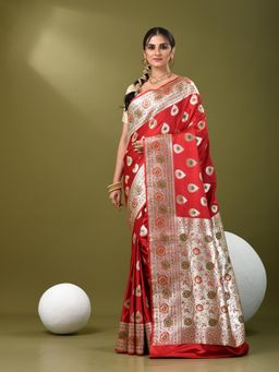 CHARUKRITI - Women Red Silk Floral Saree with Unstitched Blouse