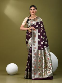 CHARUKRITI - Women Purple Silk Floral Saree with Unstitched Blouse
