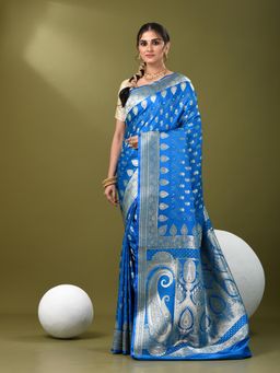 CHARUKRITI - Women Blue Silk Floral Saree with Unstitched Blouse