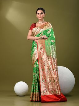 CHARUKRITI - Women Green Silk Paisley Saree with Unstitched Blouse