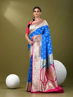 CHARUKRITI - Women Blue Silk Floral Saree with Unstitched Blouse