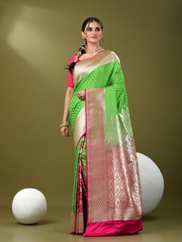 CHARUKRITI - Women Green Silk Geometric Saree with Unstitched Blouse