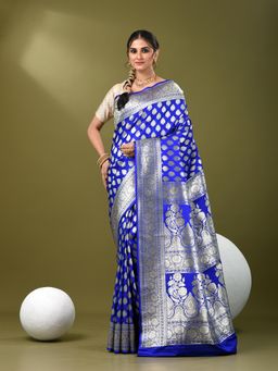 CHARUKRITI - Women Blue Silk Floral Saree with Unstitched Blouse