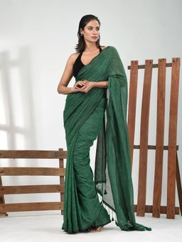 CHARUKRITI - Women Green Pure Cotton Stripes Saree with Unstitched Blouse