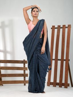 CHARUKRITI - Women Grey Pure Cotton Stripes Saree with Unstitched Blouse
