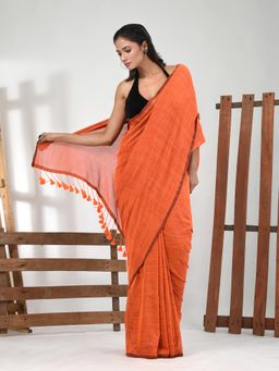 CHARUKRITI - Women Orange Pure Cotton Stripes Saree with Unstitched Blouse