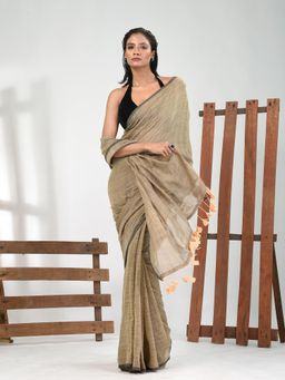 CHARUKRITI - Women Beige Pure Cotton Stripes Saree with Unstitched Blouse