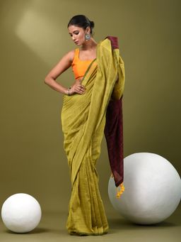 CHARUKRITI - Women Yellow Pure Cotton Stripes Saree with Unstitched Blouse