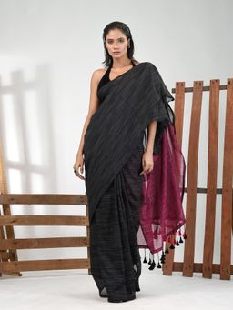 CHARUKRITI - Women Black Pure Cotton Stripes Saree with Unstitched Blouse