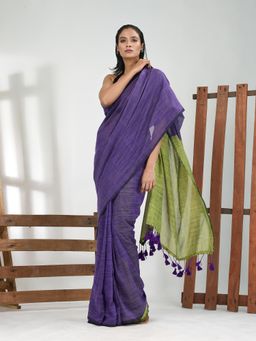 CHARUKRITI - Women Purple Pure Cotton Stripes Saree with Unstitched Blouse