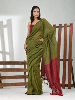 CHARUKRITI - Women Green Pure Cotton Stripes Saree with Unstitched Blouse