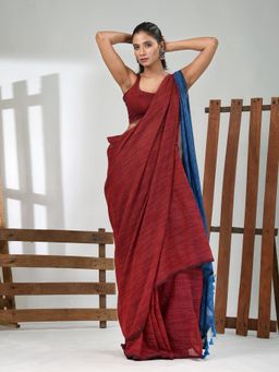 CHARUKRITI - Women Red Pure Cotton Stripes Saree with Unstitched Blouse