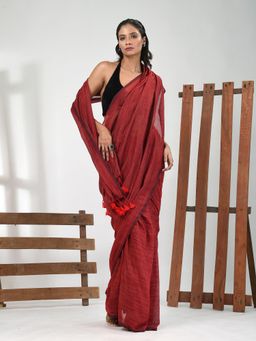 CHARUKRITI - Women Red Pure Cotton Stripes Saree with Unstitched Blouse