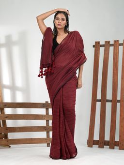 CHARUKRITI - Women Maroon Pure Cotton Stripes Saree with Unstitched Blouse