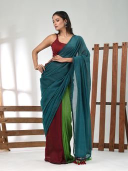 CHARUKRITI - Women Teal Pure Cotton Colorblock Saree with Unstitched Blouse