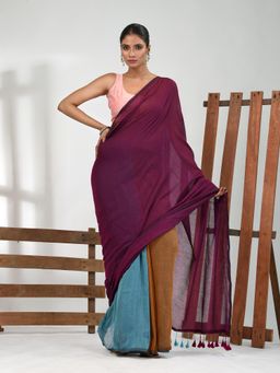 CHARUKRITI - Women Magenta Pure Cotton Colorblock Saree with Unstitched Blouse