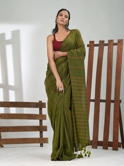 CHARUKRITI - Women Green Pure Cotton Stripes Saree with Unstitched Blouse