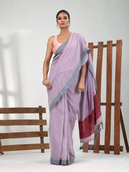 CHARUKRITI - Women Lavender Pure Cotton Solid Saree with Unstitched Blouse