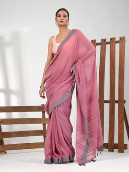 CHARUKRITI - Women Pink Pure Cotton Solid Saree with Unstitched Blouse