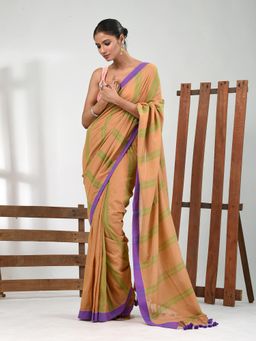 CHARUKRITI - Women Beige Pure Cotton Stripes Saree with Unstitched Blouse
