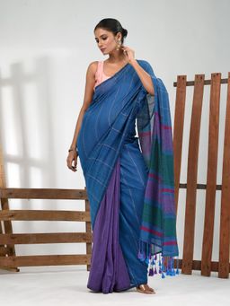 CHARUKRITI - Women Blue Pure Cotton Stripes Saree with Unstitched Blouse