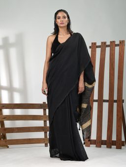 CHARUKRITI - Women Black Pure Cotton Solid Saree with Unstitched Blouse