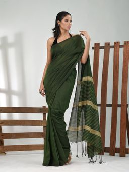 CHARUKRITI - Women Green Pure Cotton Solid Saree with Unstitched Blouse