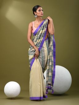 CHARUKRITI - Women Beige Pure Cotton Stripes Saree with Unstitched Blouse