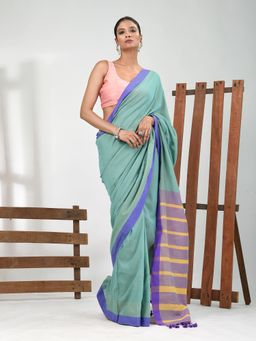 CHARUKRITI - Women Green Pure Cotton Solid Saree with Unstitched Blouse