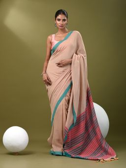 CHARUKRITI - Women Beige Pure Cotton Solid Saree with Unstitched Blouse